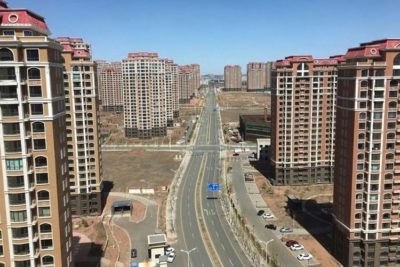 Empty streets and buildings in Kangbashi District.