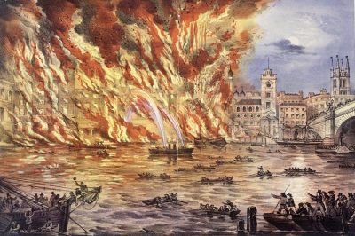 Lithographic print of the great fire near London Bridge.